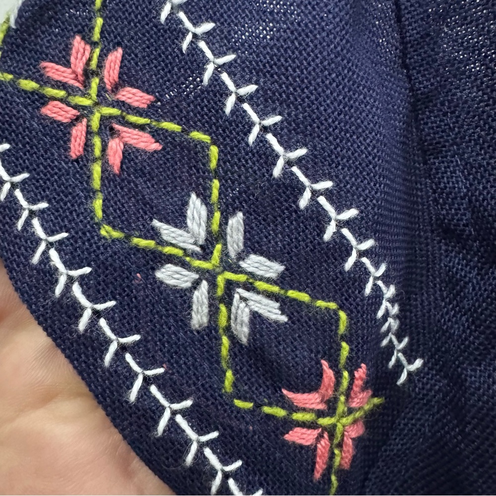 Boho Embroidered Folk Blouse Navy Peasant Top Tie Waist S M - Picture 5 of 9